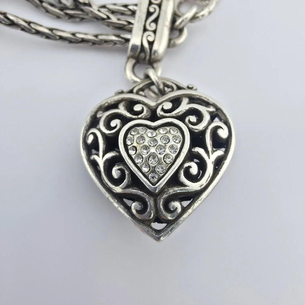 BRIGHTON 'Reno Heart' Charm Bracelet Pavé Crystals Scrollwork Silver Plate 7.5